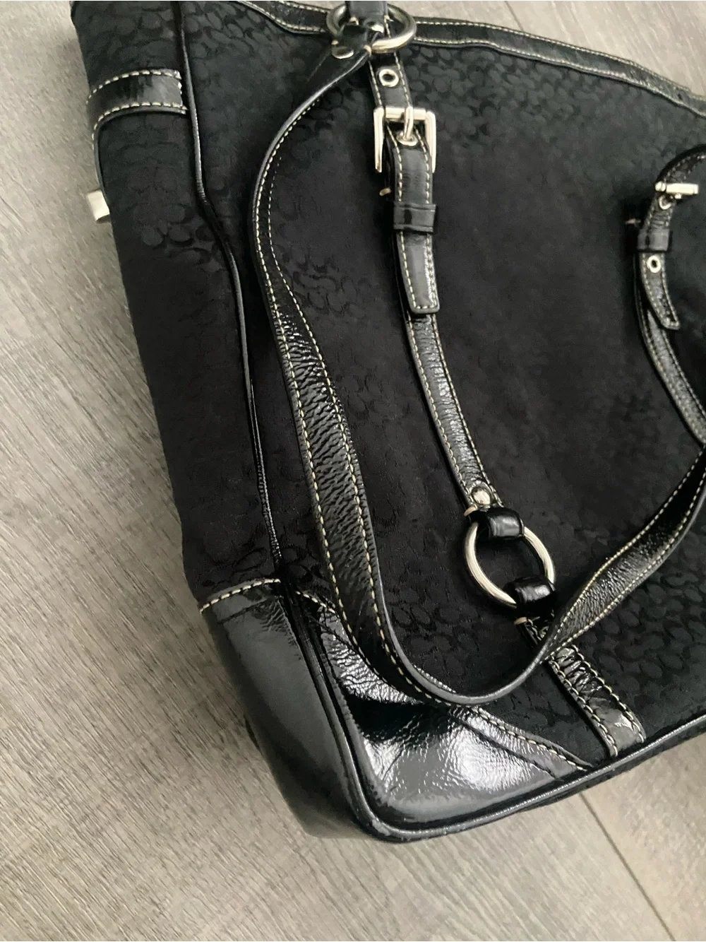 Coach Black Signature Canvas Shoulder Tote with Ring-Detail Straps